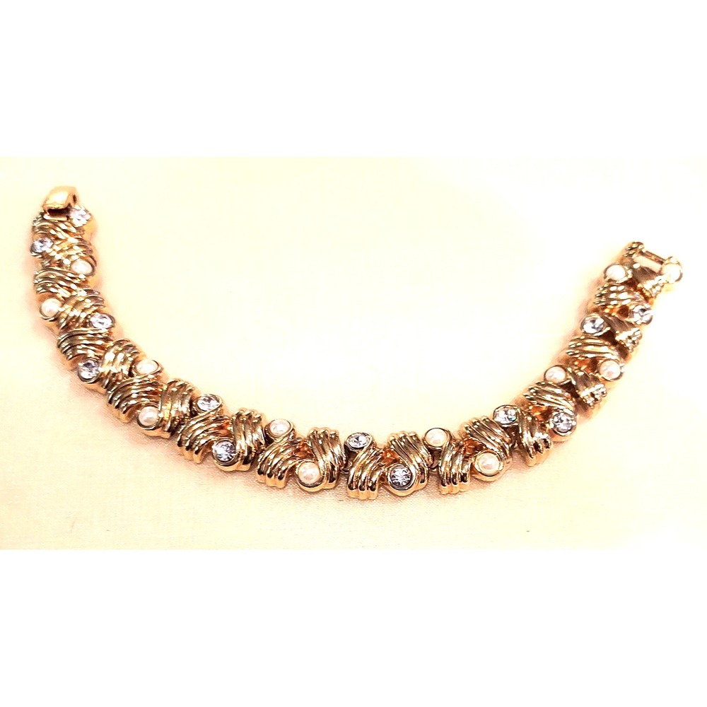 Bracelet 1960-80 Gold Tone Faux Pearl Rhinestone  Ribbon X Link -Fashion Jewelry